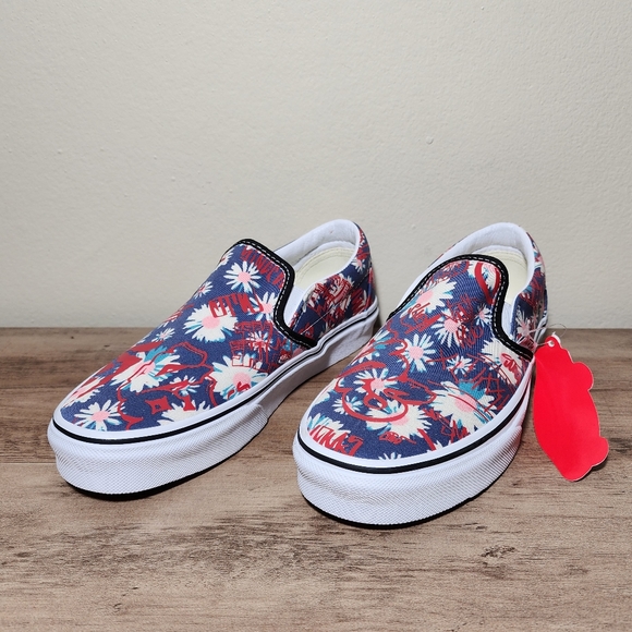 Vans Floral Classic Slip On Blue Red Sneakers Womens Shoes Size 7 - Picture 2 of 11